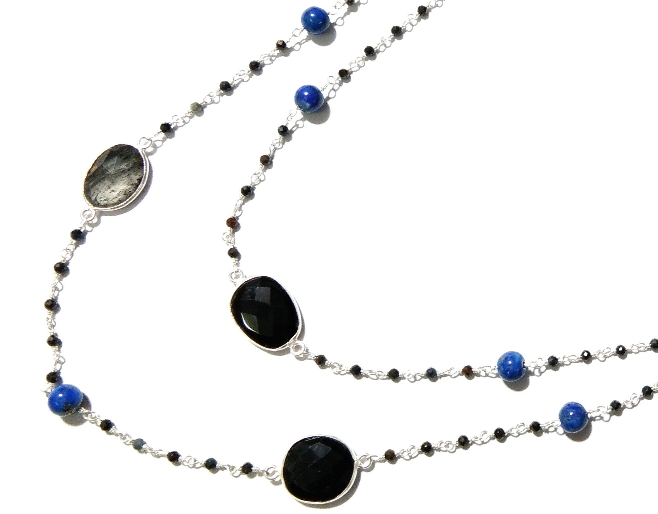 44'' Log Necklace ! Black Rutile Necklace With Lapis Lazuli & Black Onyx, 925 Sterling Silver Jewelry, Handmade Beaded Necklace.